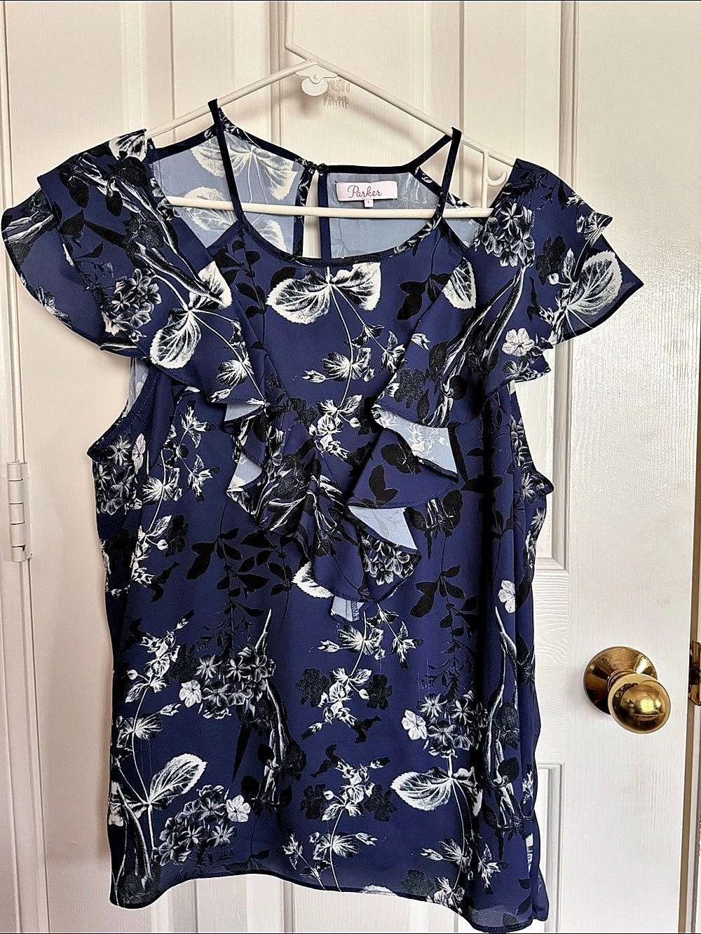 NWOT Parker Floral Ruffle Blouse in Blue & White Size Large